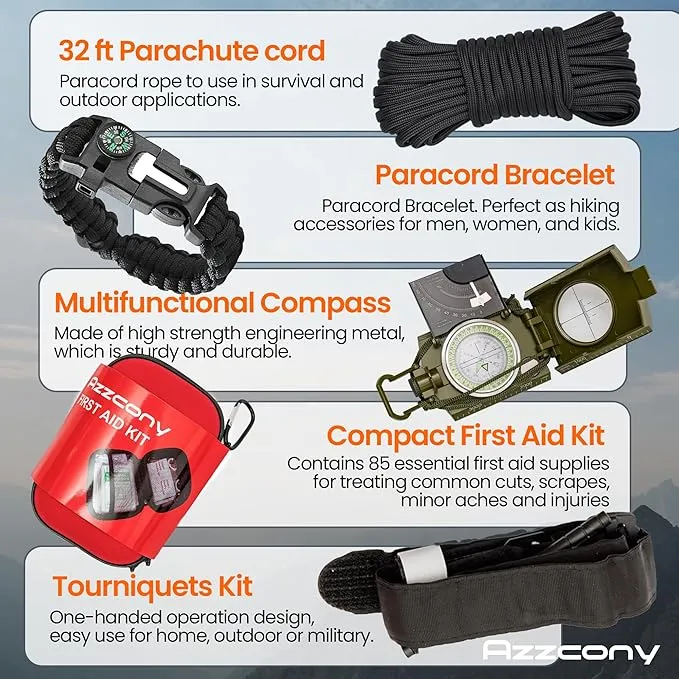 Emergency Survival & First Aid Kit & Tourniquet - 250 PCS Go Bugout Bag Survival Gears with Compass Flashlight Shovel - Tactical Military Grade EDC Backpack for Outdoor Camping Scout