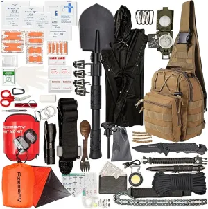 Emergency Survival & First Aid Kit & Tourniquet - 250 PCS Go Bugout Bag Survival Gears with Compass Flashlight Shovel - Tactical Military Grade EDC Backpack for Outdoor Camping Scout