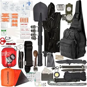 Emergency Survival & First Aid Kit & Tourniquet - 250 PCS Go Bugout Bag Survival Gears with Compass Flashlight Shovel - Tactical Military Grade EDC Backpack for Outdoor Camping Scout