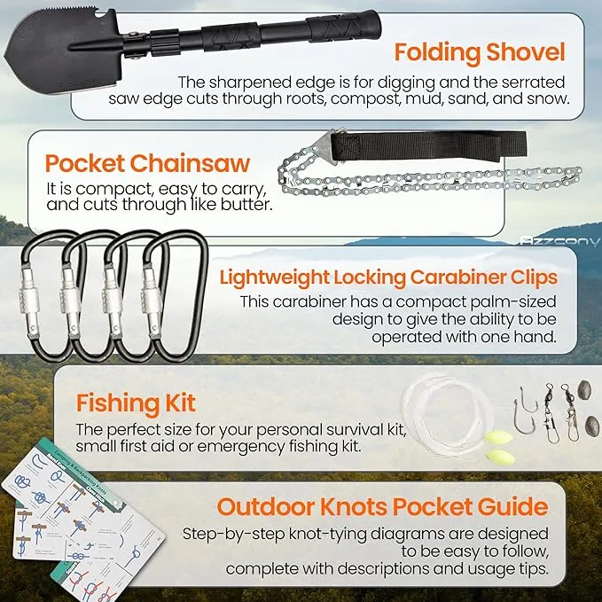 Emergency Survival & First Aid Kit & Tourniquet - 250 PCS Go Bugout Bag Survival Gears with Compass Flashlight Shovel - Tactical Military Grade EDC Backpack for Outdoor Camping Scout
