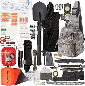 Emergency Survival & First Aid Kit & Tourniquet - 250 PCS Go Bugout Bag Survival Gears with Compass Flashlight Shovel - Tactical Military Grade EDC Backpack for Outdoor Camping Scout