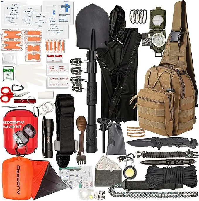 Emergency Survival & First Aid Kit & Tourniquet - 250 PCS Go Bugout Bag Survival Gears with Compass Flashlight Shovel - Tactical Military Grade EDC Backpack for Outdoor Camping Scout