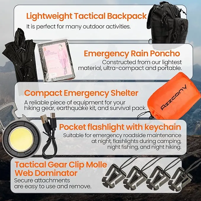 Emergency Survival & First Aid Kit & Tourniquet - 250 PCS Go Bugout Bag Survival Gears with Compass Flashlight Shovel - Tactical Military Grade EDC Backpack for Outdoor Camping Scout