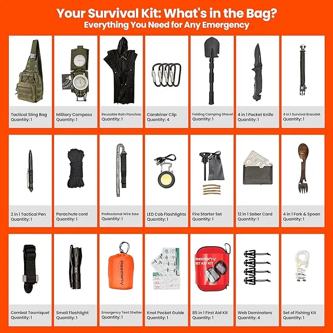Emergency Survival & First Aid Kit & Tourniquet - 250 PCS Go Bugout Bag Survival Gears with Compass Flashlight Shovel - Tactical Military Grade EDC Backpack for Outdoor Camping Scout