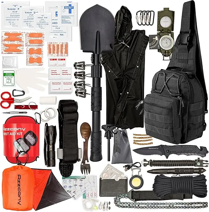 Emergency Survival & First Aid Kit & Tourniquet - 250 PCS Go Bugout Bag Survival Gears with Compass Flashlight Shovel - Tactical Military Grade EDC Backpack for Outdoor Camping Scout
