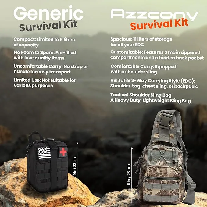 Emergency Survival & First Aid Kit & Tourniquet - 250 PCS Go Bugout Bag Survival Gears with Compass Flashlight Shovel - Tactical Military Grade EDC Backpack for Outdoor Camping Scout