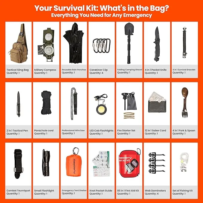 Emergency Survival & First Aid Kit & Tourniquet - 250 PCS Go Bugout Bag Survival Gears with Compass Flashlight Shovel - Tactical Military Grade EDC Backpack for Outdoor Camping Scout