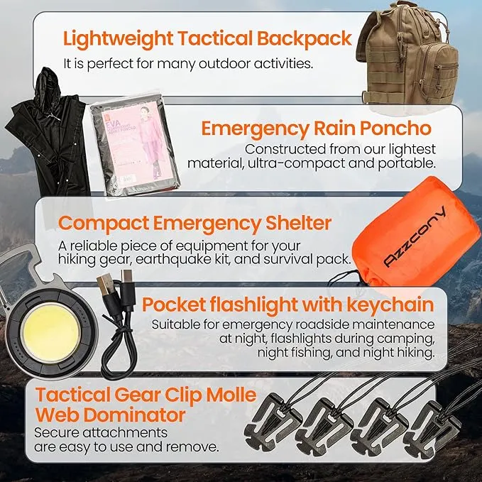 Emergency Survival & First Aid Kit & Tourniquet - 250 PCS Go Bugout Bag Survival Gears with Compass Flashlight Shovel - Tactical Military Grade EDC Backpack for Outdoor Camping Scout