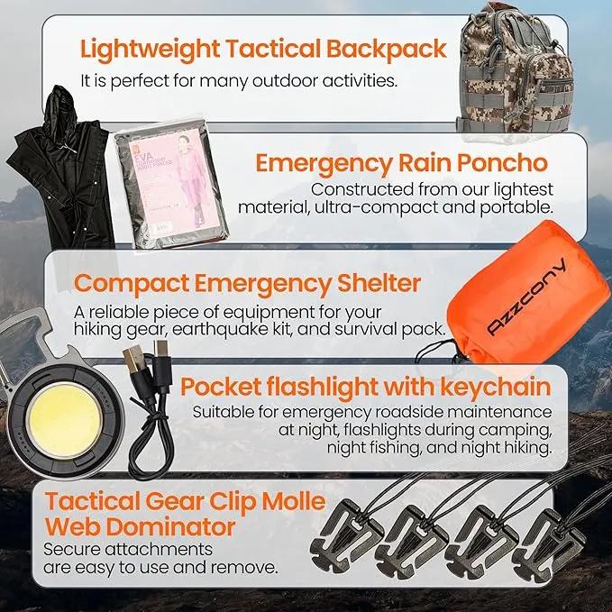 Emergency Survival & First Aid Kit & Tourniquet - 250 PCS Go Bugout Bag Survival Gears with Compass Flashlight Shovel - Tactical Military Grade EDC Backpack for Outdoor Camping Scout