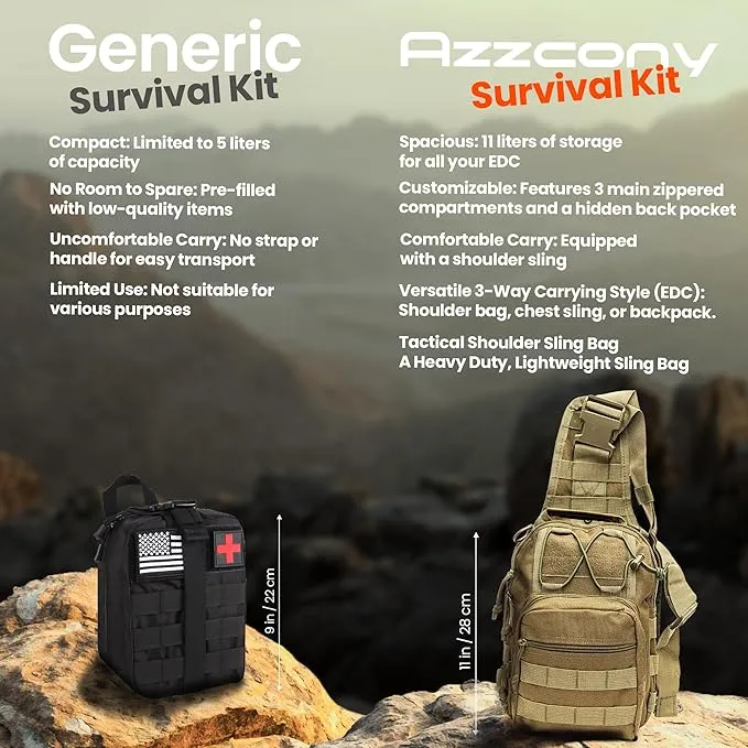 Emergency Survival & First Aid Kit & Tourniquet - 250 PCS Go Bugout Bag Survival Gears with Compass Flashlight Shovel - Tactical Military Grade EDC Backpack for Outdoor Camping Scout