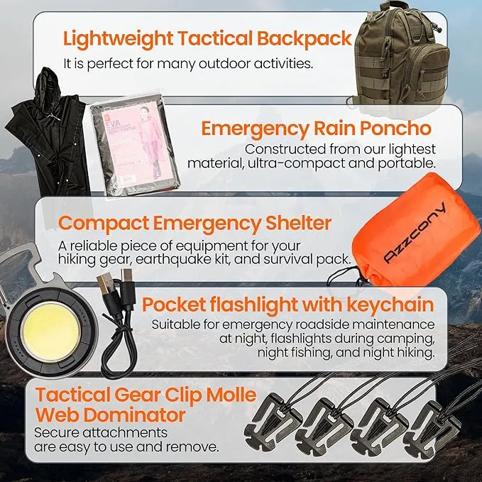 Emergency Survival & First Aid Kit & Tourniquet - 250 PCS Go Bugout Bag Survival Gears with Compass Flashlight Shovel - Tactical Military Grade EDC Backpack for Outdoor Camping Scout