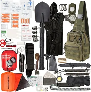 Emergency Survival & First Aid Kit & Tourniquet - 250 PCS Go Bugout Bag Survival Gears with Compass Flashlight Shovel - Tactical Military Grade EDC Backpack for Outdoor Camping Scout