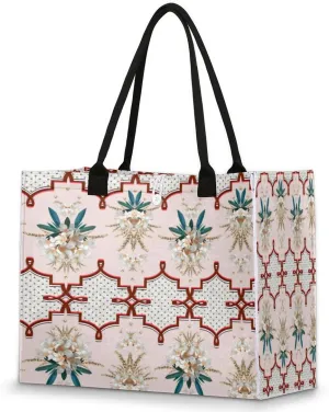 Ethnic Classical Flower Beach Tote Bag for Women Large Compartment Reusable Grocery Shopping Bags Casual Shoulder Portable Tote Handbag for Travel Work Gym Daily