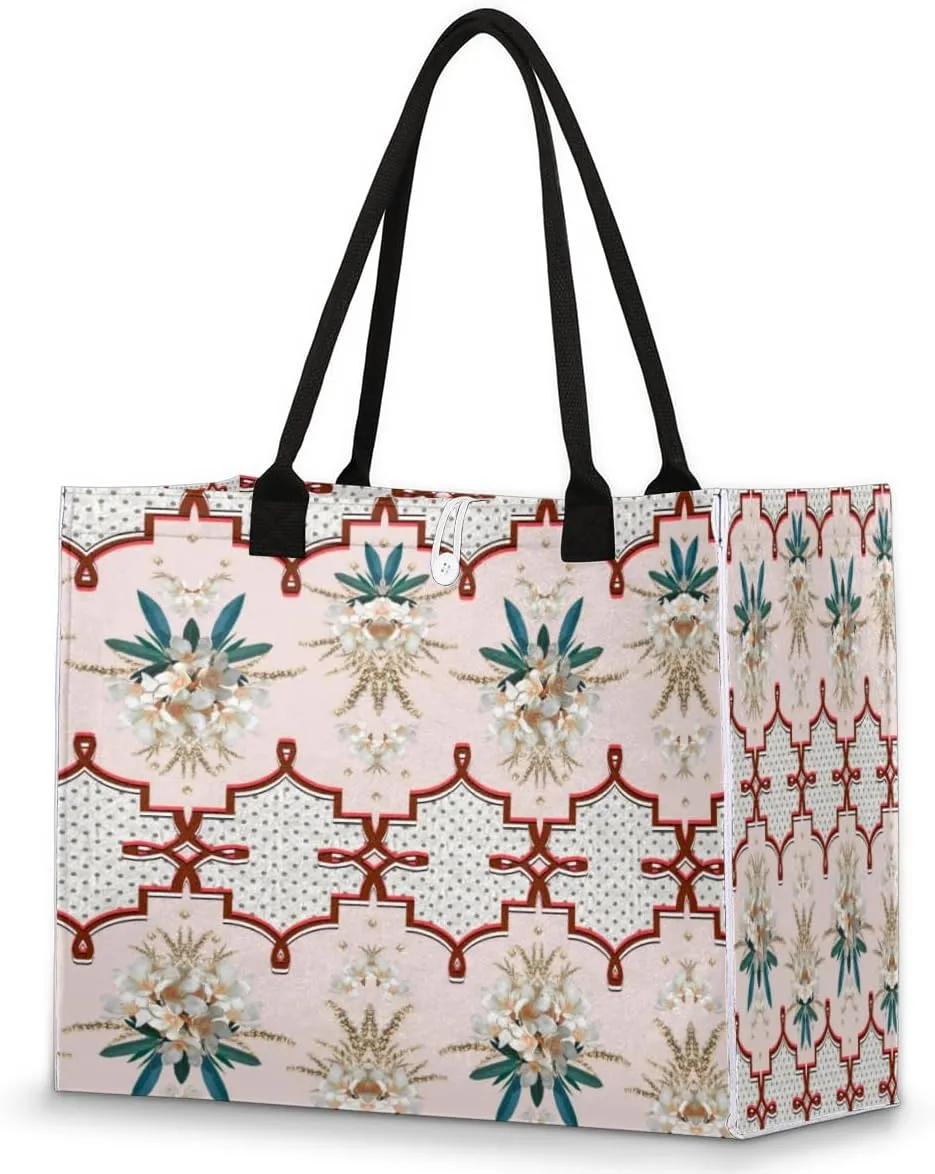Ethnic Classical Flower Beach Tote Bag for Women Large Compartment Reusable Grocery Shopping Bags Casual Shoulder Portable Tote Handbag for Travel Work Gym Daily