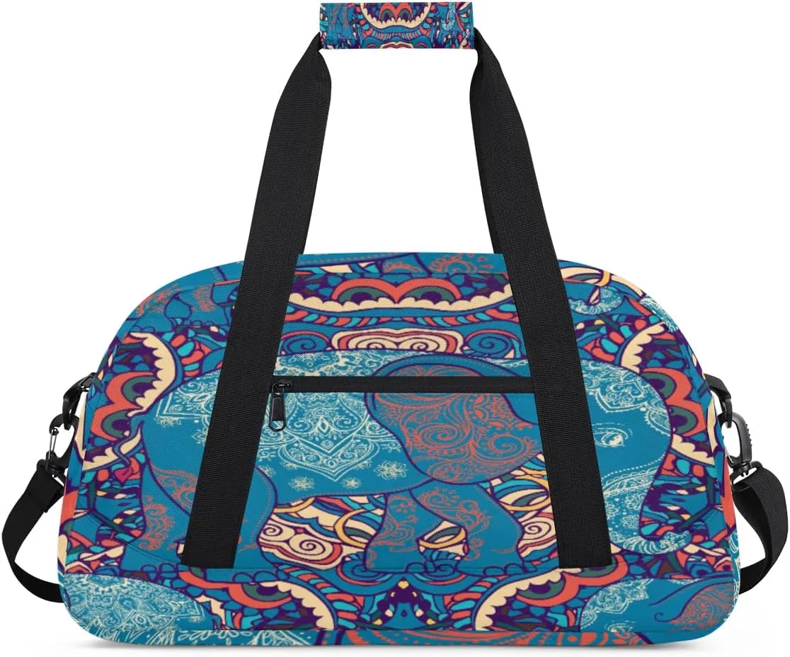 Ethnic Elephant Gym Duffel Bag for Men Women Mandala Flower Sports Tote Bag with Adjustable Shoulder Strap for Dance Gymnastics Traveling Outdoor Camping Overnight Stay