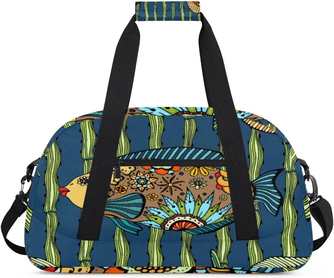 Ethnic Style Fish Gym Duffel Bag for Men Women Sea Fish Sports Tote Bag with Adjustable Shoulder Strap for Dance Gymnastics Traveling Outdoor Camping Overnight Stay