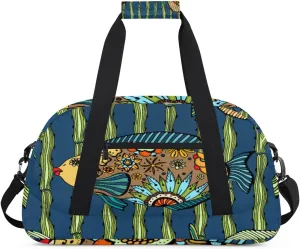 Ethnic Style Fish Gym Duffel Bag for Men Women Sea Fish Sports Tote Bag with Adjustable Shoulder Strap for Dance Gymnastics Traveling Outdoor Camping Overnight Stay