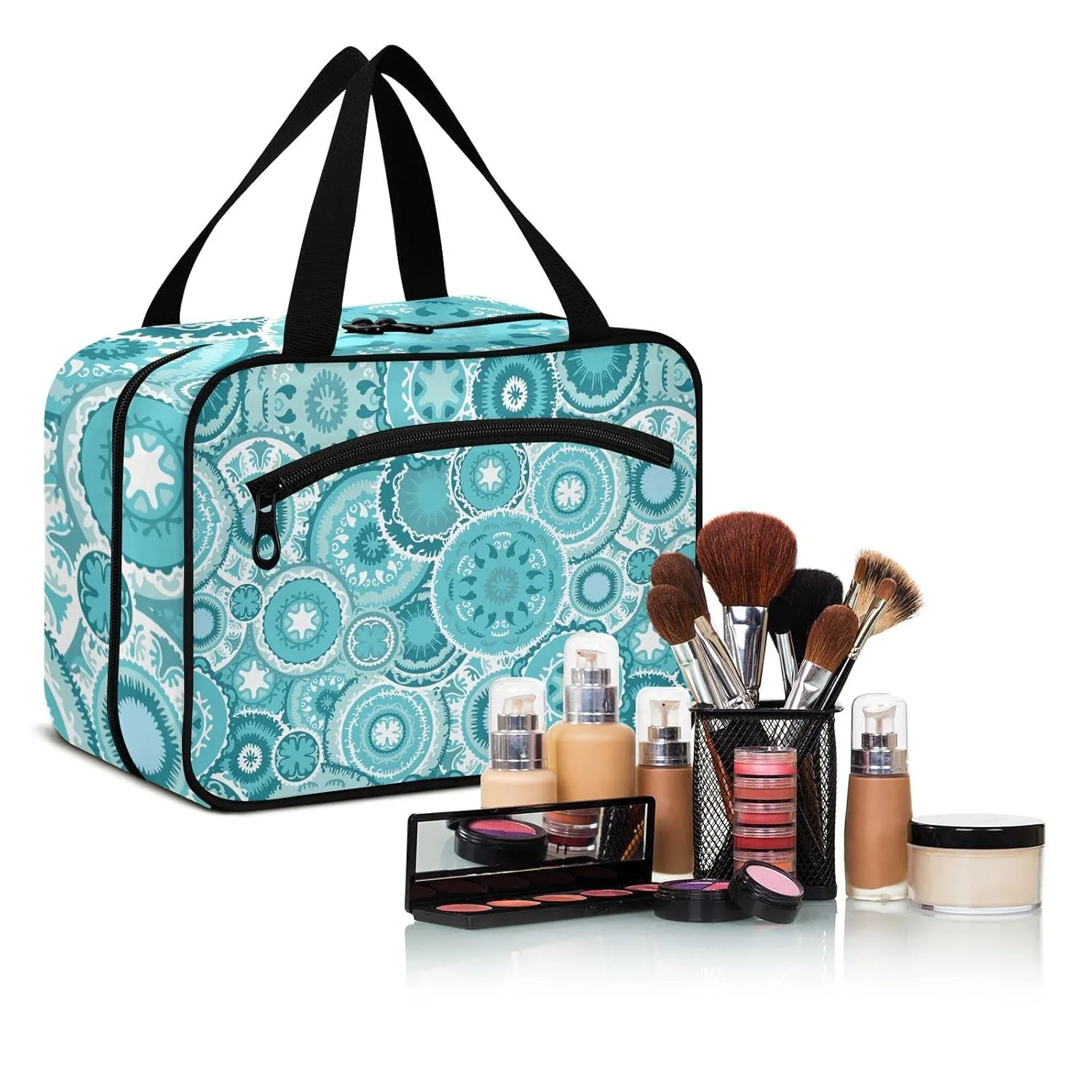 Ethnic Tribal Turquoise Circles Texture 1 PC Hanging Travel Wash bag with Handles, Portable Makeup Organizer Brush Storage Case Portable Travel Cosmetic with Hook M