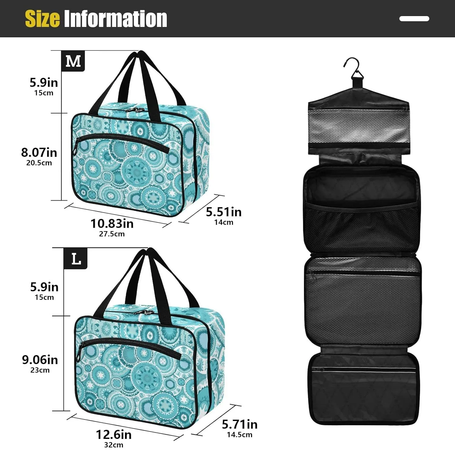 Ethnic Tribal Turquoise Circles Texture 1 PC Hanging Travel Wash bag with Handles, Portable Makeup Organizer Brush Storage Case Portable Travel Cosmetic with Hook M