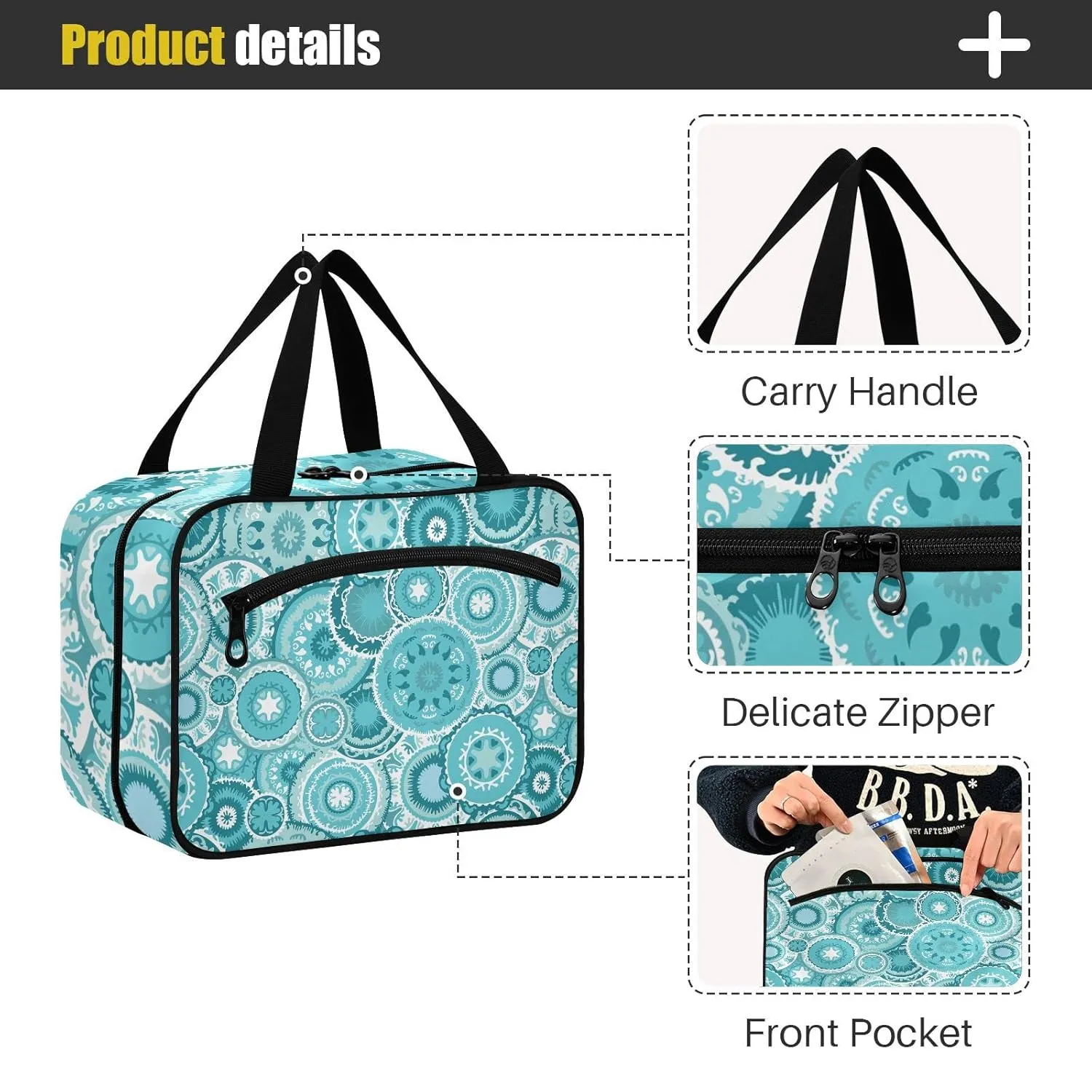 Ethnic Tribal Turquoise Circles Texture 1 PC Hanging Travel Wash bag with Handles, Portable Makeup Organizer Brush Storage Case Portable Travel Cosmetic with Hook M