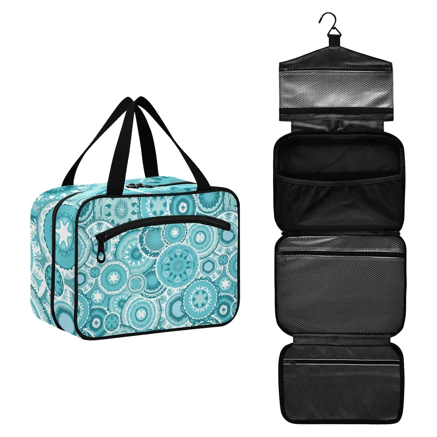 Ethnic Tribal Turquoise Circles Texture 1 PC Hanging Travel Wash bag with Handles, Portable Makeup Organizer Brush Storage Case Portable Travel Cosmetic with Hook M