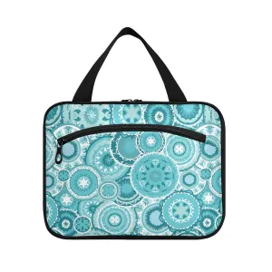 Ethnic Tribal Turquoise Circles Texture 1 PC Hanging Travel Wash bag with Handles, Portable Makeup Organizer Brush Storage Case Portable Travel Cosmetic with Hook M