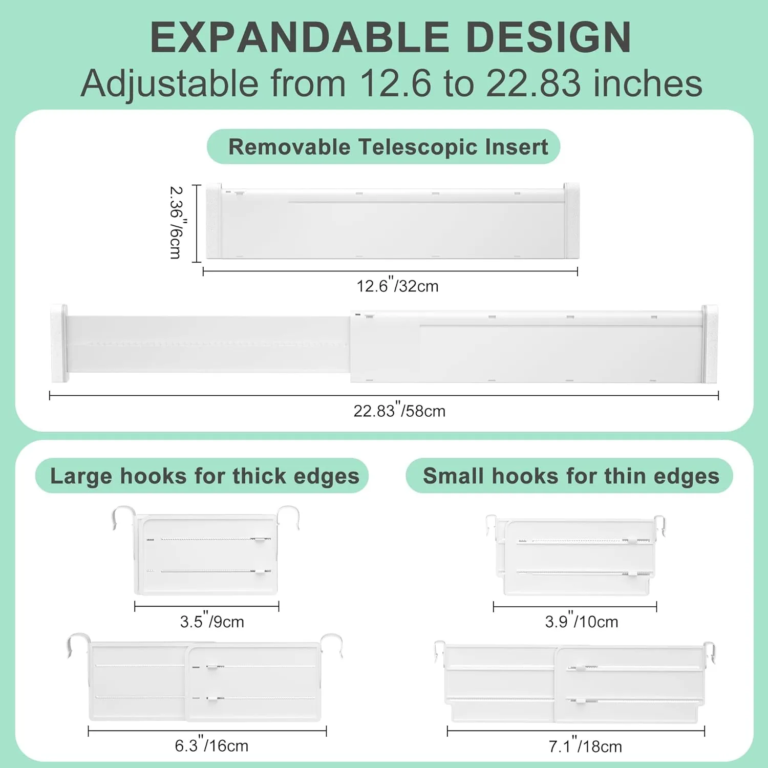 Expandable Drawer Dividers, Adjustable Drawer Organizers for Utensils, Clothes with 8 Drawer Separators(12.6-22.8''), 16 Inserts(3.9-7.1''), Drawer Divider in Kitchen, Bedroom, Office Storage