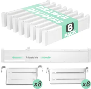 Expandable Drawer Dividers, Adjustable Drawer Organizers for Utensils, Clothes with 8 Drawer Separators(12.6-22.8''), 16 Inserts(3.9-7.1''), Drawer Divider in Kitchen, Bedroom, Office Storage