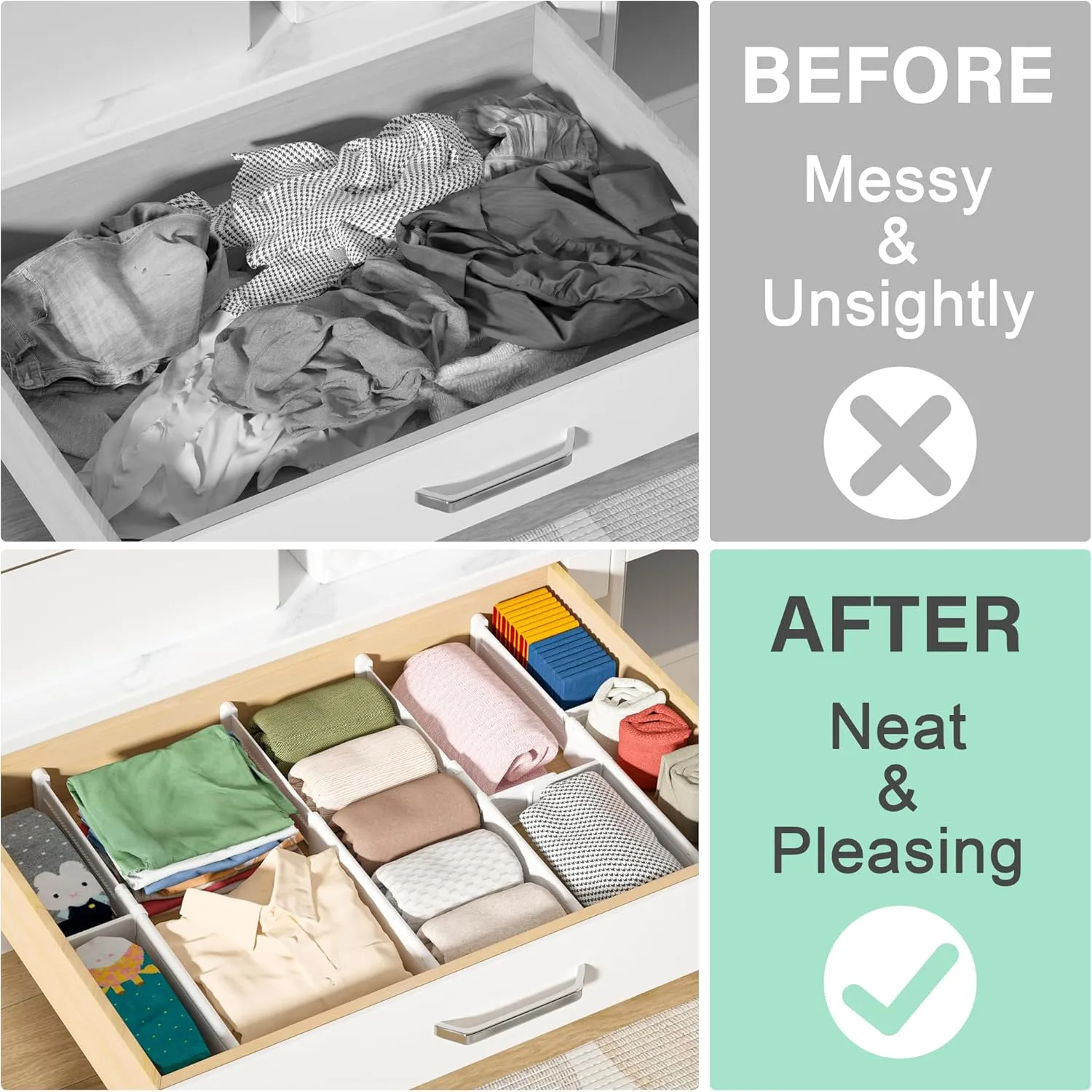 Expandable Drawer Dividers, Adjustable Drawer Organizers for Utensils, Clothes with 8 Drawer Separators(12.6-22.8''), 16 Inserts(3.9-7.1''), Drawer Divider in Kitchen, Bedroom, Office Storage