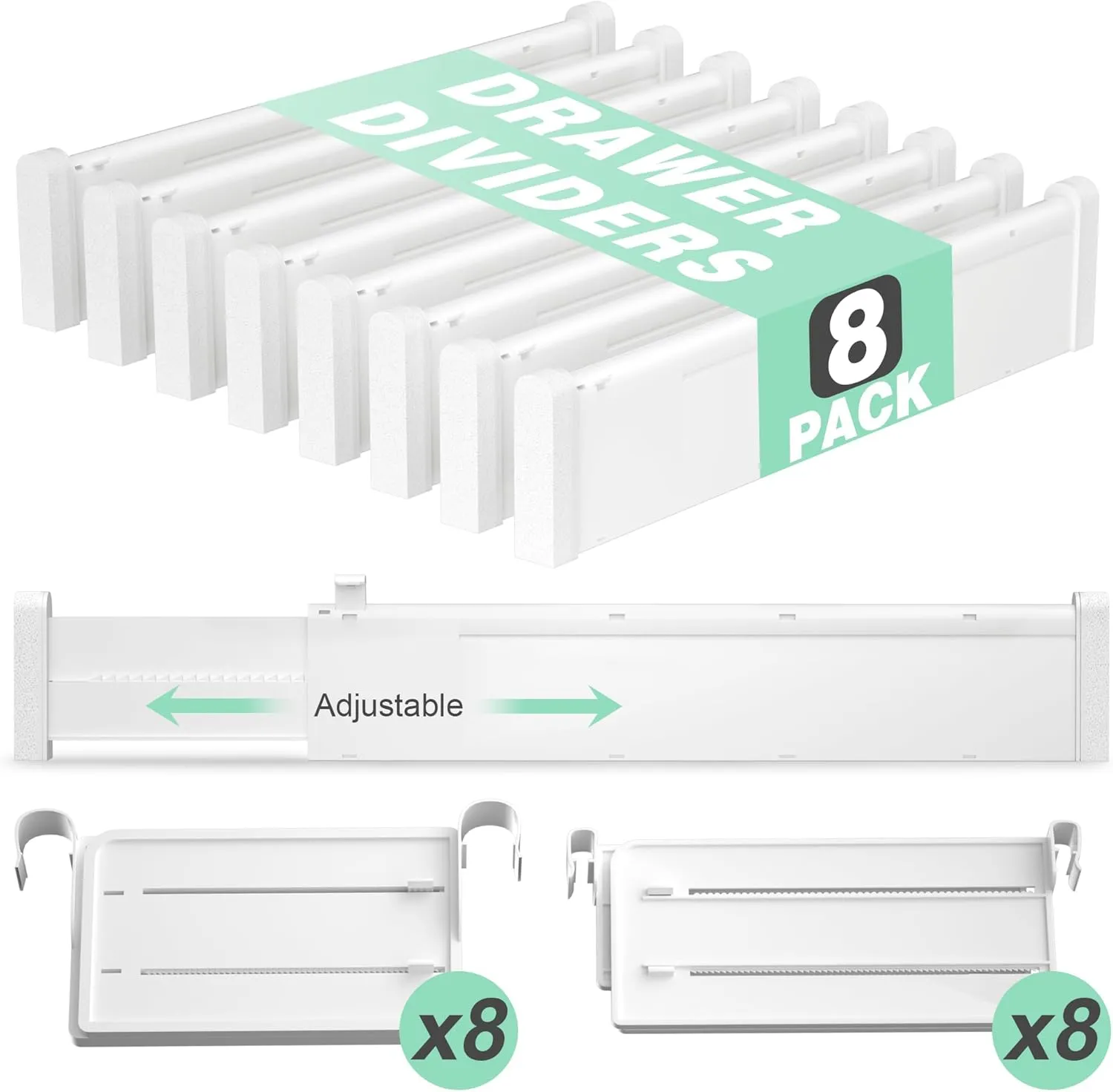 Expandable Drawer Dividers, Adjustable Drawer Organizers for Utensils, Clothes with 8 Drawer Separators(12.6-22.8''), 16 Inserts(3.9-7.1''), Drawer Divider in Kitchen, Bedroom, Office Storage