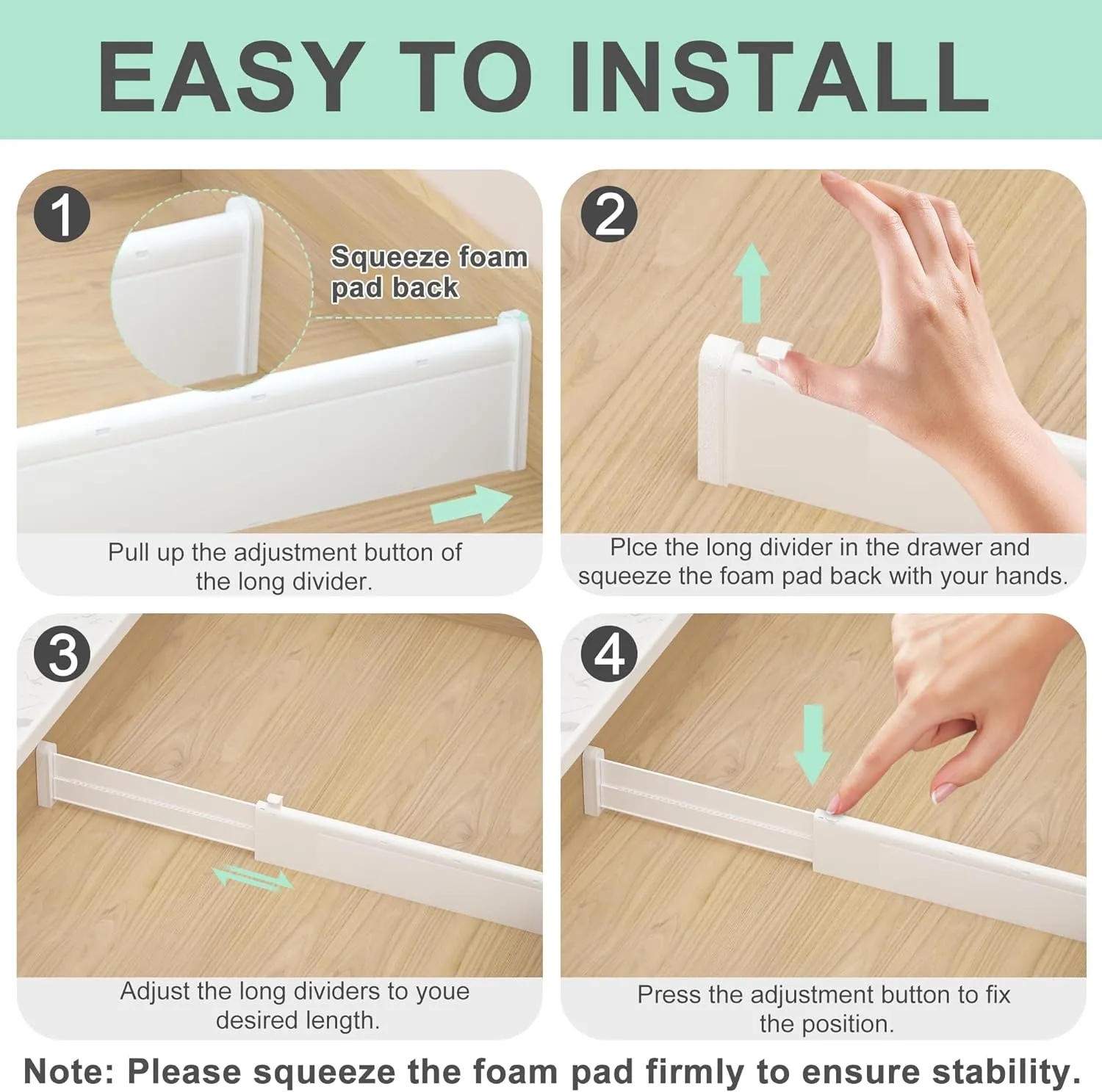Expandable Drawer Dividers, Adjustable Drawer Organizers for Utensils, Clothes with 8 Drawer Separators(12.6-22.8''), 16 Inserts(3.9-7.1''), Drawer Divider in Kitchen, Bedroom, Office Storage