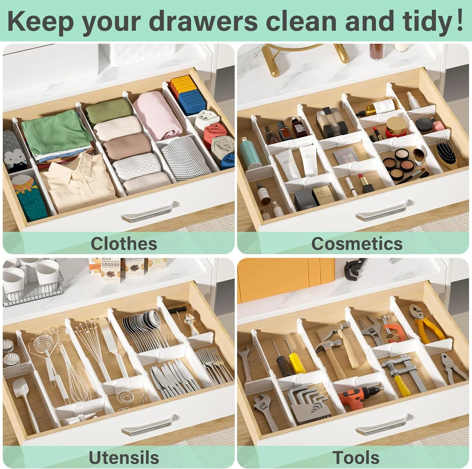 Expandable Drawer Dividers, Adjustable Drawer Organizers for Utensils, Clothes with 8 Drawer Separators(12.6-22.8''), 16 Inserts(3.9-7.1''), Drawer Divider in Kitchen, Bedroom, Office Storage