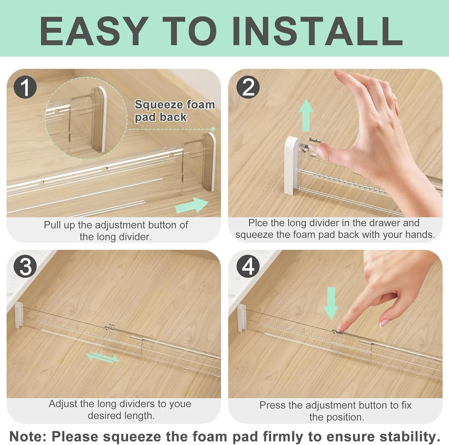 Expandable Drawer Dividers, Clear Drawer Organizers for Utensils, Clothes with 8 Drawer Separators(12.6-22.8''), 16 Inserts(3.9-7.1''), Adjustable Kitchen Drawer in Bedroom, Office Storage