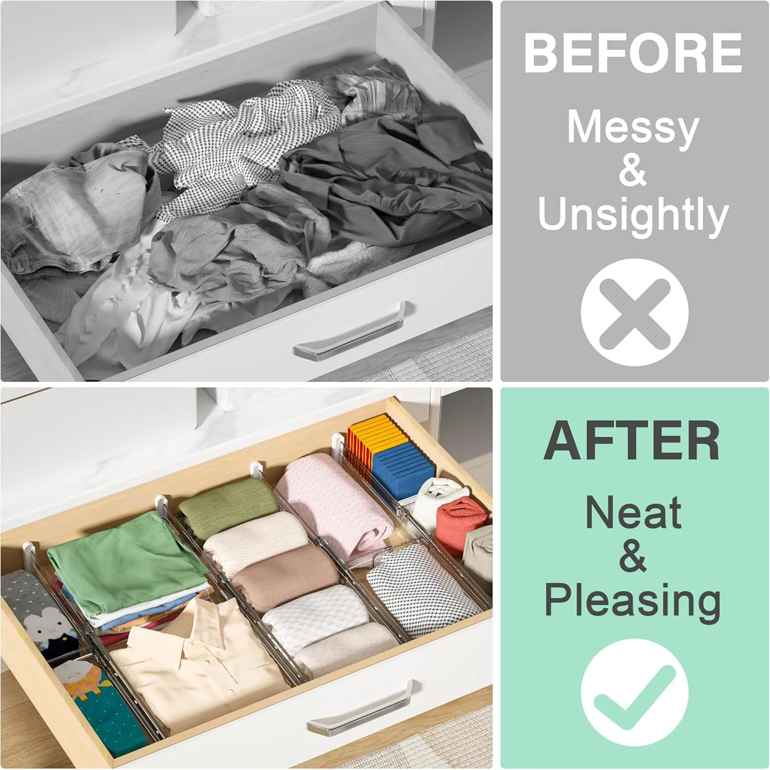 Expandable Drawer Dividers, Clear Drawer Organizers for Utensils, Clothes with 8 Drawer Separators(12.6-22.8''), 16 Inserts(3.9-7.1''), Adjustable Kitchen Drawer in Bedroom, Office Storage