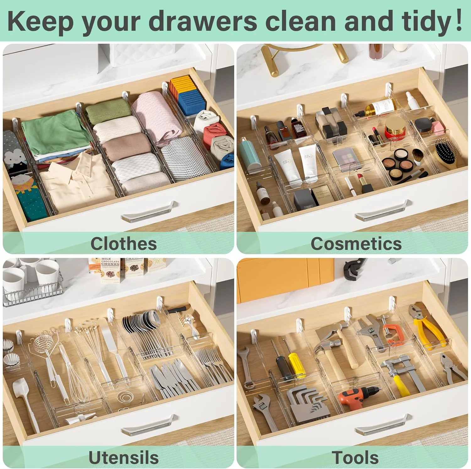 Expandable Drawer Dividers, Clear Drawer Organizers for Utensils, Clothes with 8 Drawer Separators(12.6-22.8''), 16 Inserts(3.9-7.1''), Adjustable Kitchen Drawer in Bedroom, Office Storage