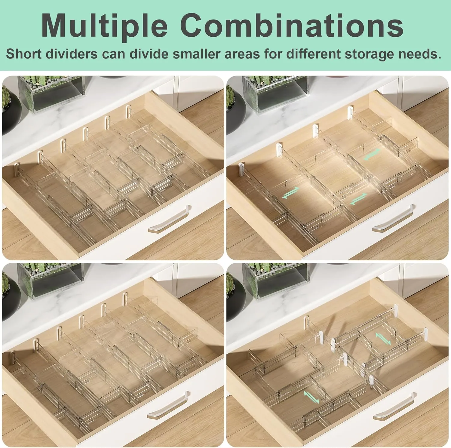 Expandable Drawer Dividers, Clear Drawer Organizers for Utensils, Clothes with 8 Drawer Separators(12.6-22.8''), 16 Inserts(3.9-7.1''), Adjustable Kitchen Drawer in Bedroom, Office Storage