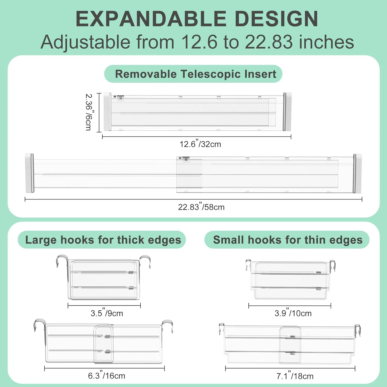 Expandable Drawer Dividers, Clear Drawer Organizers for Utensils, Clothes with 8 Drawer Separators(12.6-22.8''), 16 Inserts(3.9-7.1''), Adjustable Kitchen Drawer in Bedroom, Office Storage