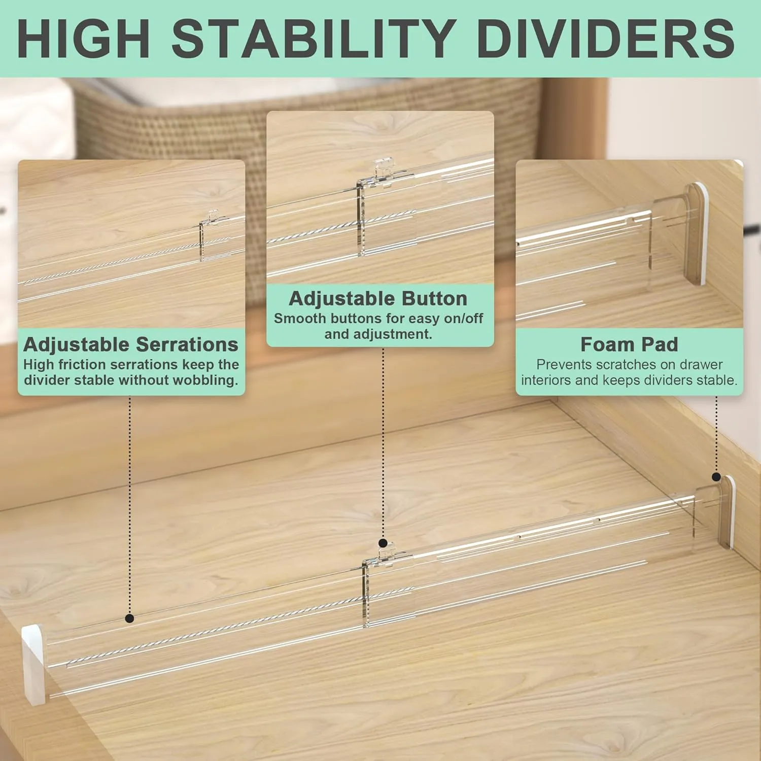 Expandable Drawer Dividers, Clear Drawer Organizers for Utensils, Clothes with 8 Drawer Separators(12.6-22.8''), 16 Inserts(3.9-7.1''), Adjustable Kitchen Drawer in Bedroom, Office Storage