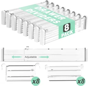 Expandable Drawer Dividers, Clear Drawer Organizers for Utensils, Clothes with 8 Drawer Separators(12.6-22.8''), 16 Inserts(3.9-7.1''), Adjustable Kitchen Drawer in Bedroom, Office Storage