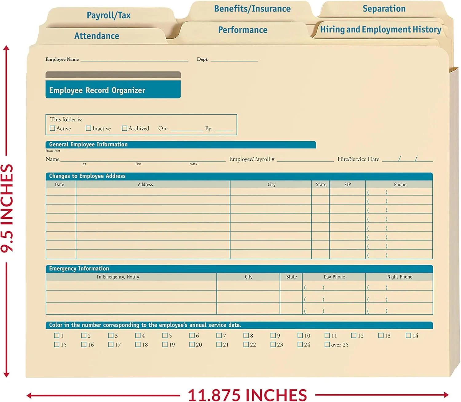 Expanded Employee Record Organizer and 6 Folders | 11.9” x 9.5” x 1.25” | HR and Employee Management | 25-Pack