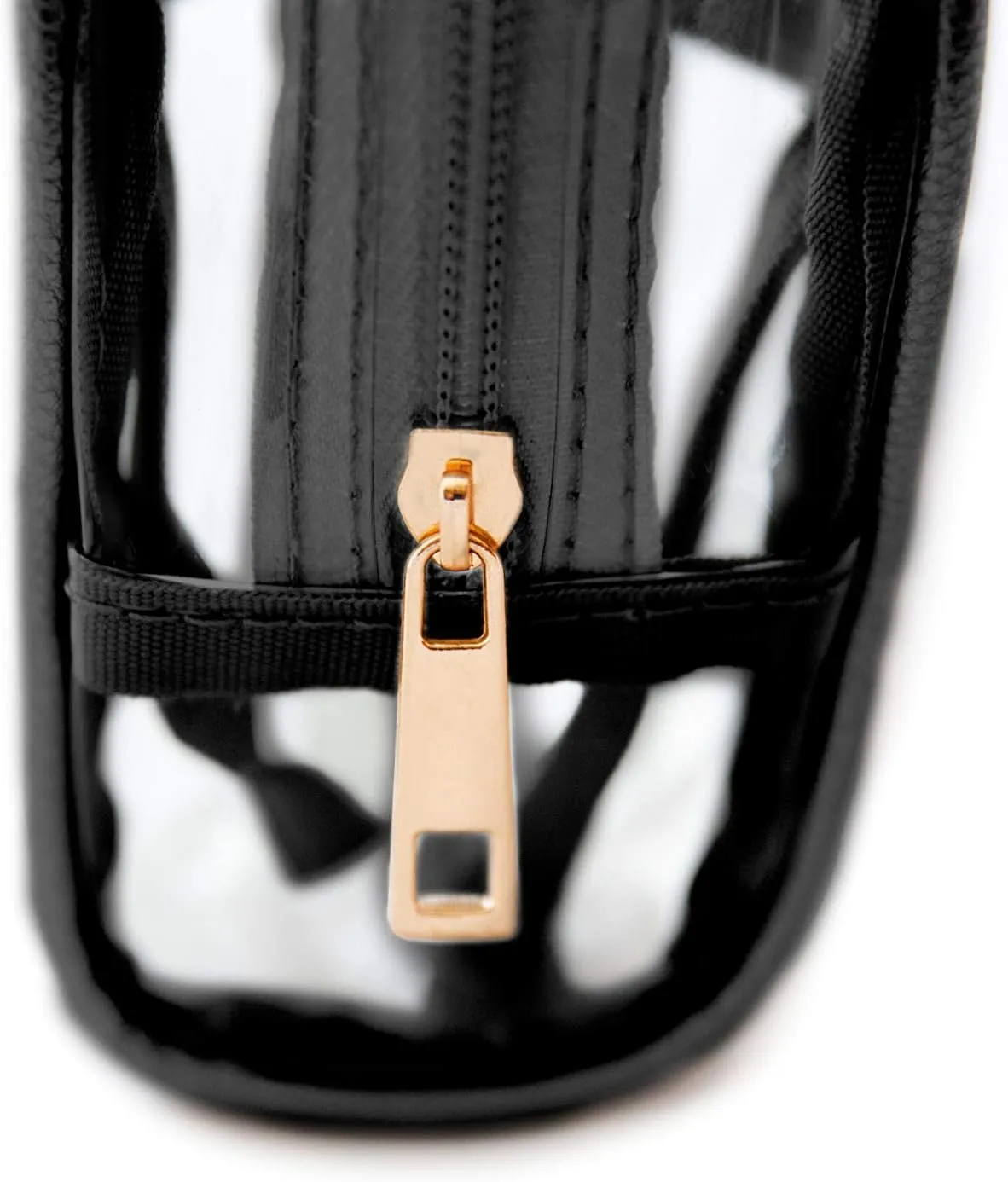 EzPacking Clear Makeup and Brush Bag/Long Cosmetic Organizer Pouch for Travel, Gym or Home/Vegan Leather Piping & 2 Interior Pockets/Small See Through Transparent PVC Plastic
