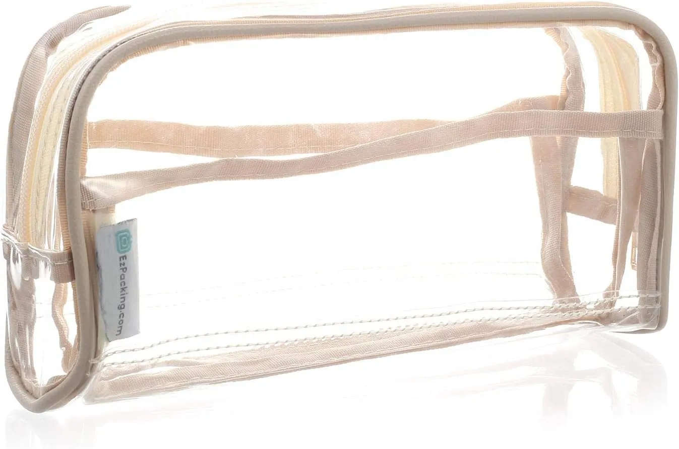 EzPacking Clear Makeup and Brush Bag/Long Cosmetic Organizer Pouch for Travel, Gym or Home/Vegan Leather Piping & 2 Interior Pockets/Small See Through Transparent PVC Plastic