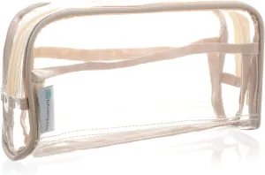 EzPacking Clear Makeup and Brush Bag/Long Cosmetic Organizer Pouch for Travel, Gym or Home/Vegan Leather Piping & 2 Interior Pockets/Small See Through Transparent PVC Plastic