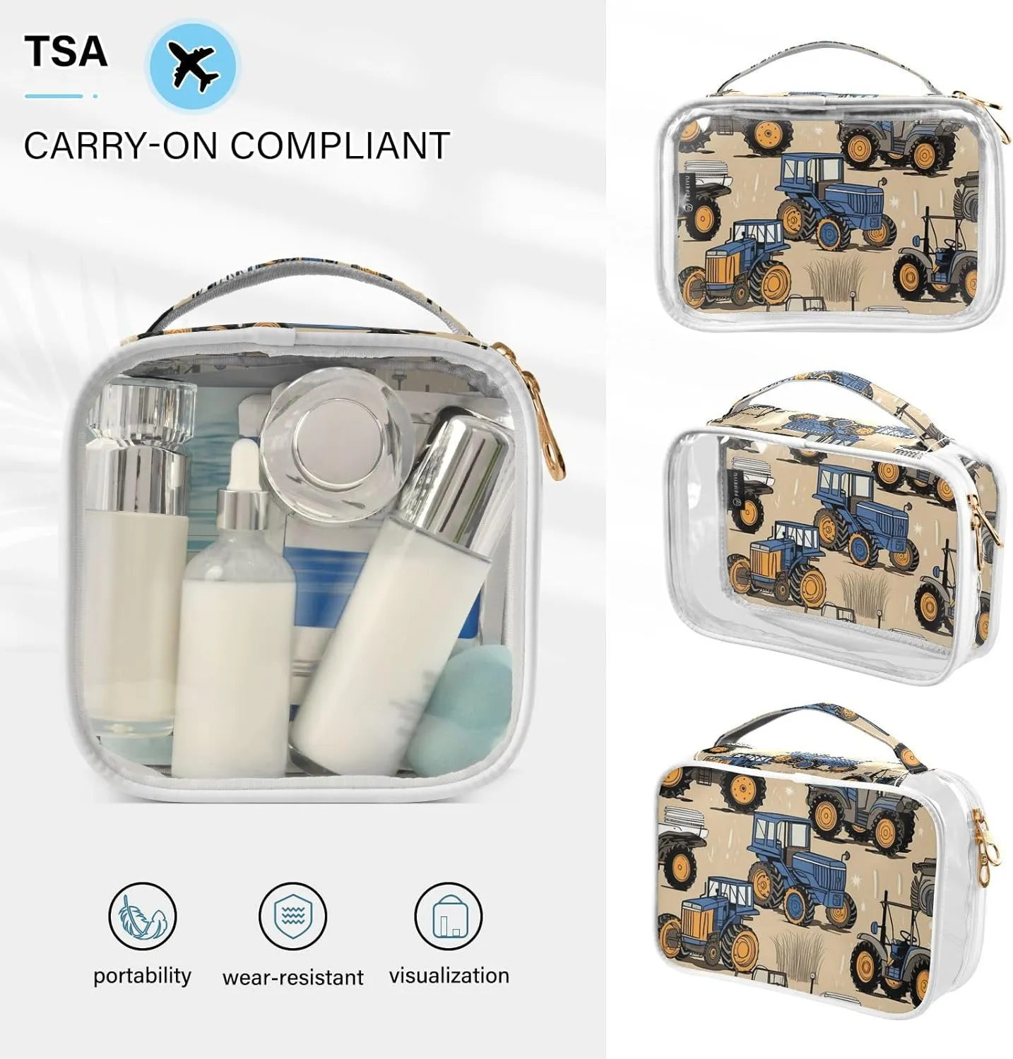 Farm Tractors and Machinery Clear Toiletry Bag Set, Makeup and Toiletry Bag, Women Travel Gifts, 2 Pack