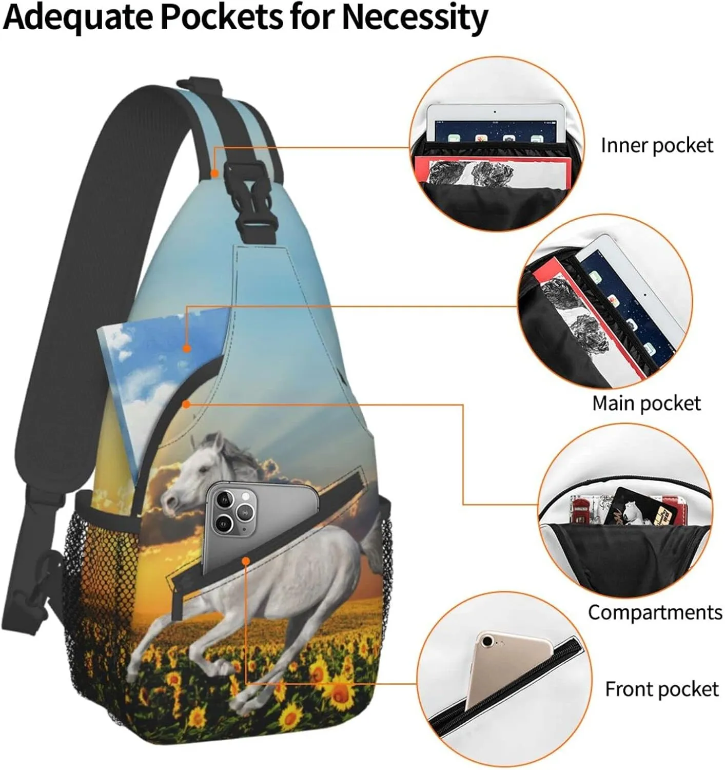 Fashion Horse Sling Bag Multipurpose Crossbody Backpack Adjustable Travel Hiking Casual Daypack For Men Women
