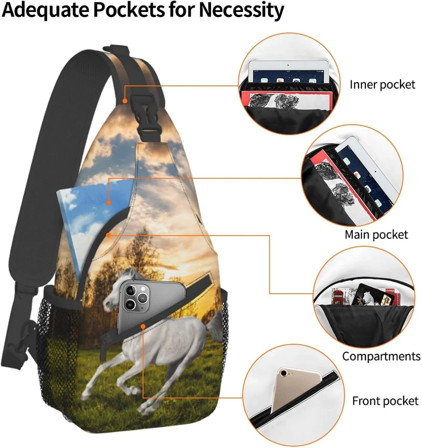 Fashion Horse Sling Bag Multipurpose Crossbody Backpack Adjustable Travel Hiking Casual Daypack For Men Women