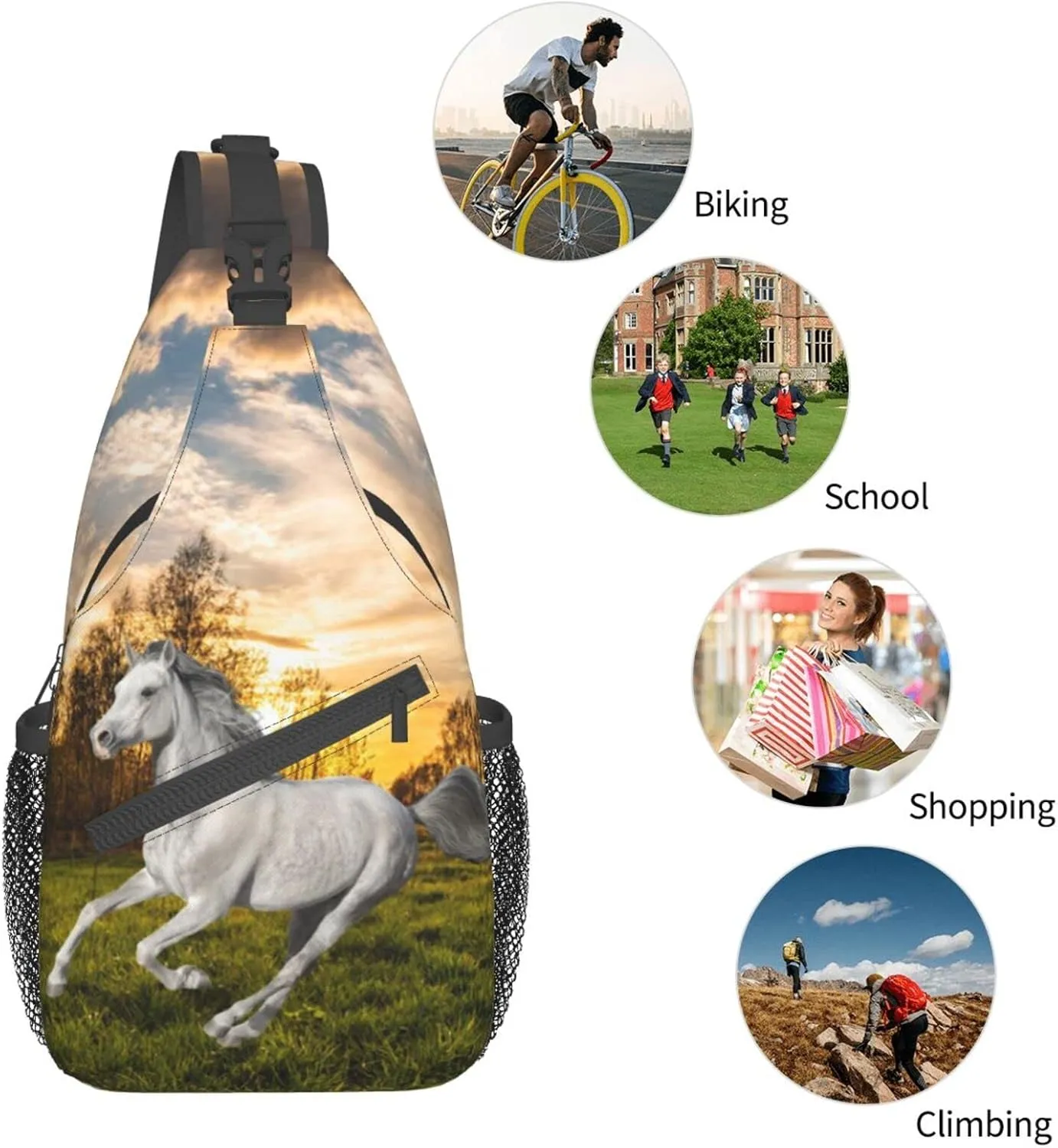 Fashion Horse Sling Bag Multipurpose Crossbody Backpack Adjustable Travel Hiking Casual Daypack For Men Women