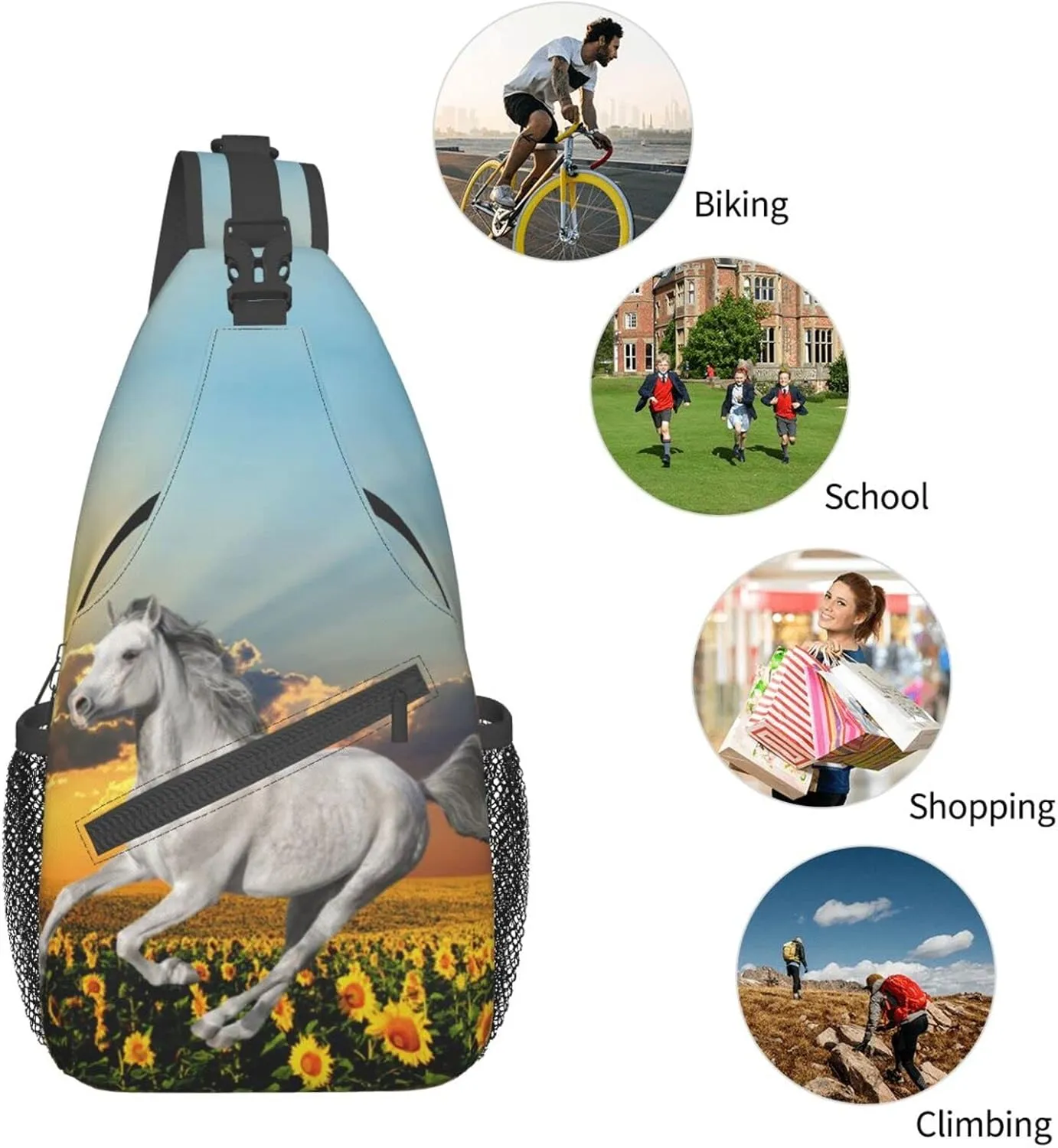 Fashion Horse Sling Bag Multipurpose Crossbody Backpack Adjustable Travel Hiking Casual Daypack For Men Women