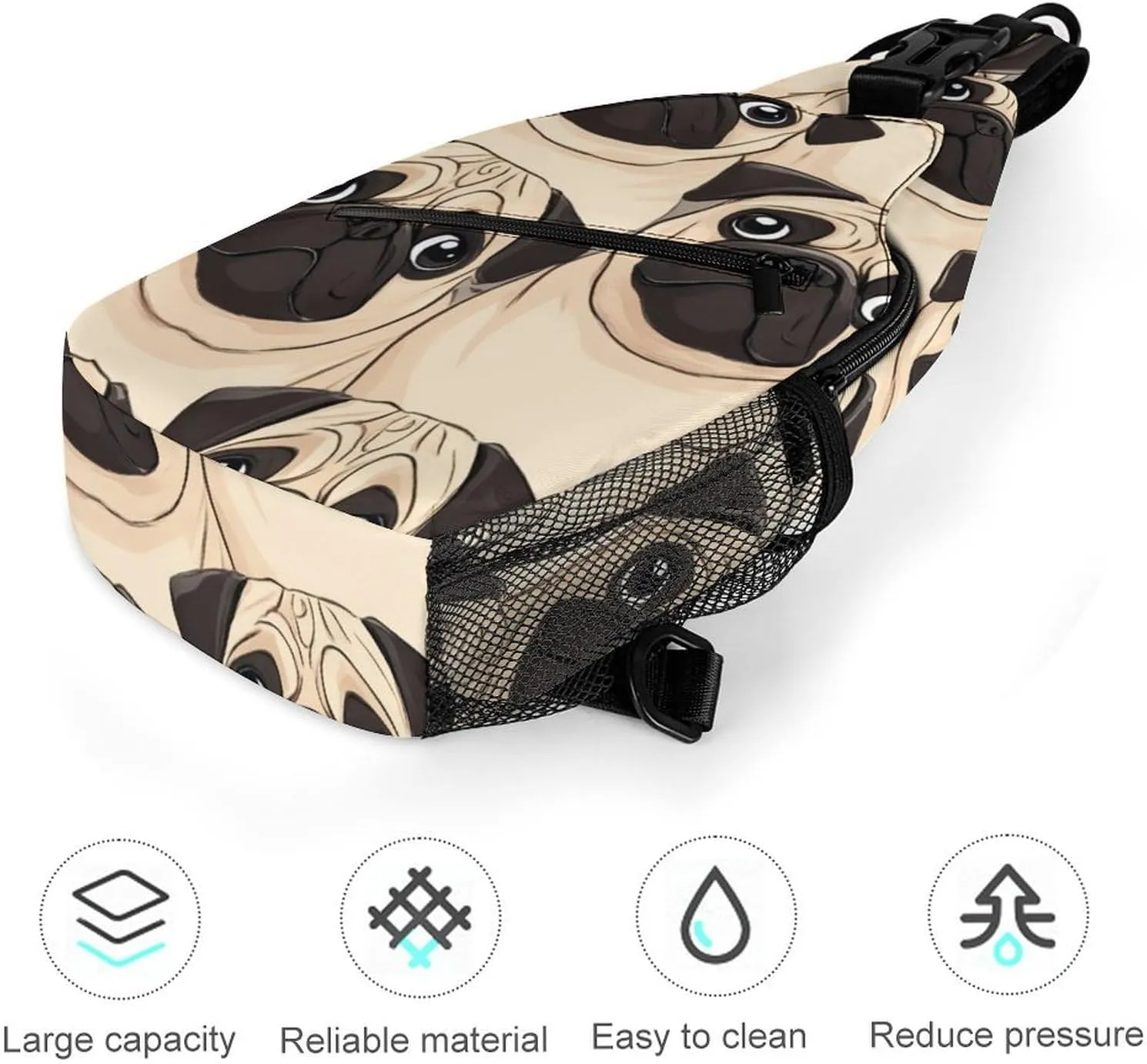 Fashion Puppy Pug Dogs Print Adjustable Chest Bag, Durable Large Capacity with Pockets and Buckles Sling Bag Shoulder Bags Crossbody Backpack for Women Men