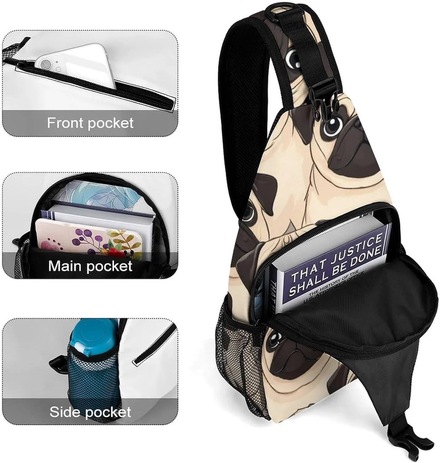 Fashion Puppy Pug Dogs Print Adjustable Chest Bag, Durable Large Capacity with Pockets and Buckles Sling Bag Shoulder Bags Crossbody Backpack for Women Men